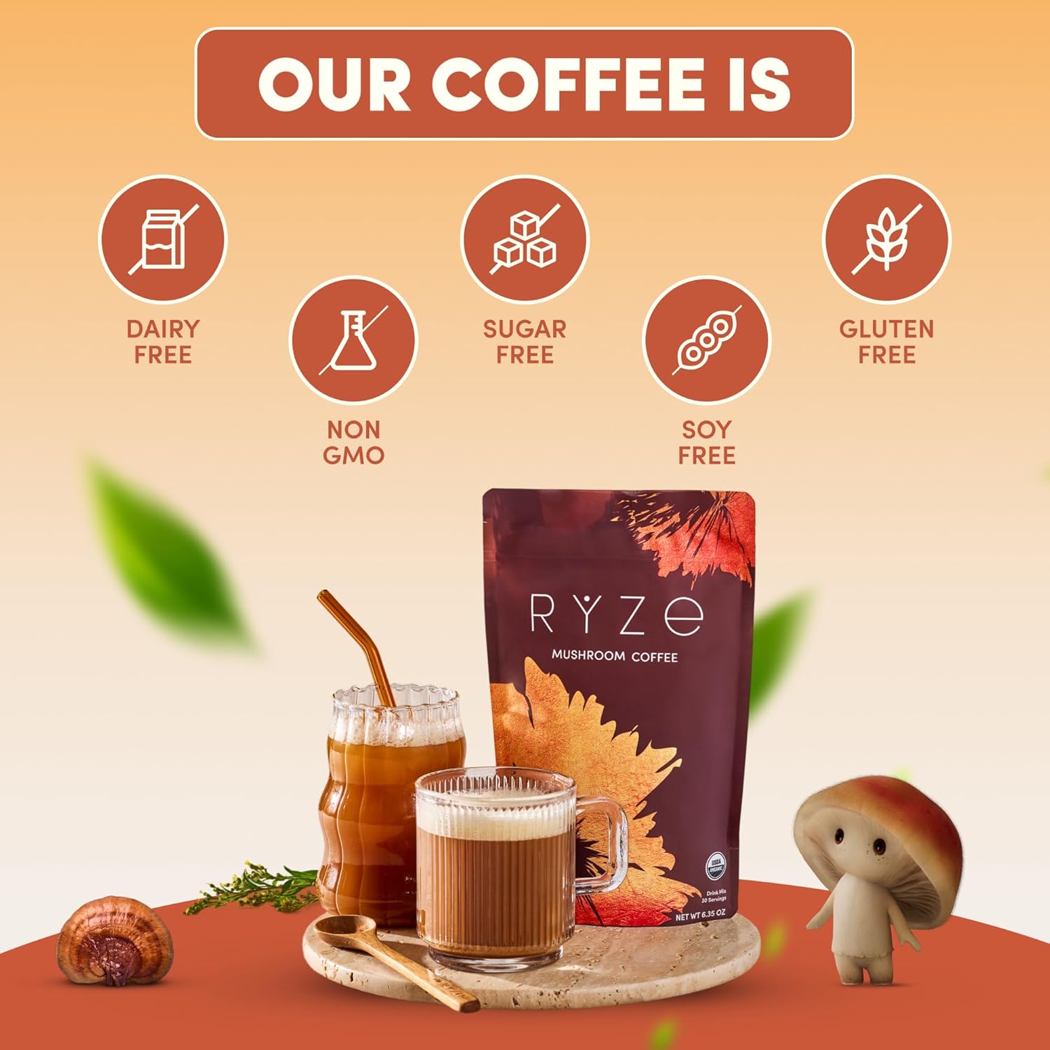 Mushroom Coffee USDA Organic with 6 Adaptogenic Mushrooms and MCT Oil, USA Grown Instant Coffee for Better Energy, Focus, Digestion, Immunity with Lions Mane & Turkey Tail, 30 servings
