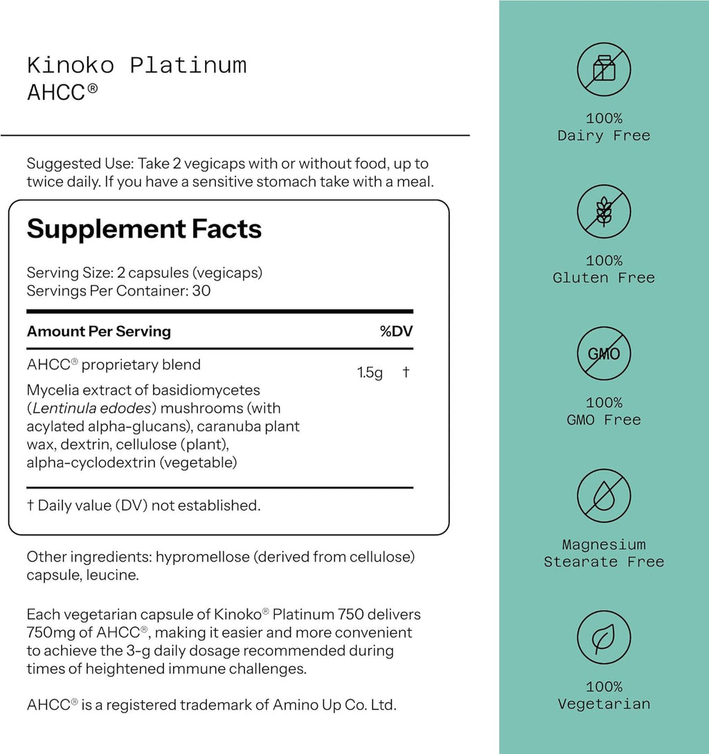 Quality of Life Premium Kinoko Platinum AHCC Herbal Supplement, 750mg per Capsule, for Immune Support, Liver Function, Maintains Natural Killer Cell Activity, Pack of 1, 60 Veggie Capsules Glass bottles