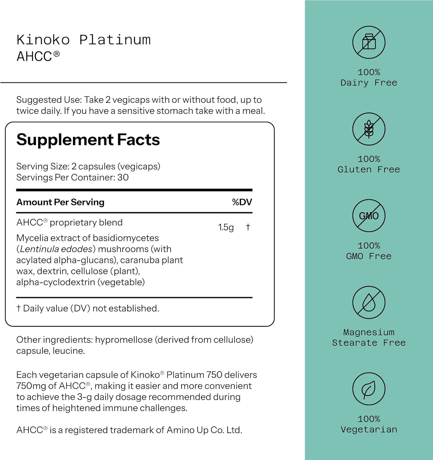 Quality of Life Premium Kinoko Platinum AHCC Herbal Supplement, 750mg per Capsule, for Immune Support, Liver Function, Maintains Natural Killer Cell Activity, Pack of 1, 60 Veggie Capsules Glass bottles