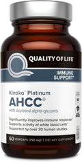 Quality of Life Premium Kinoko Platinum AHCC Herbal Supplement, 750mg per Capsule, for Immune Support, Liver Function, Maintains Natural Killer Cell Activity, Pack of 1, 60 Veggie Capsules Glass bottles