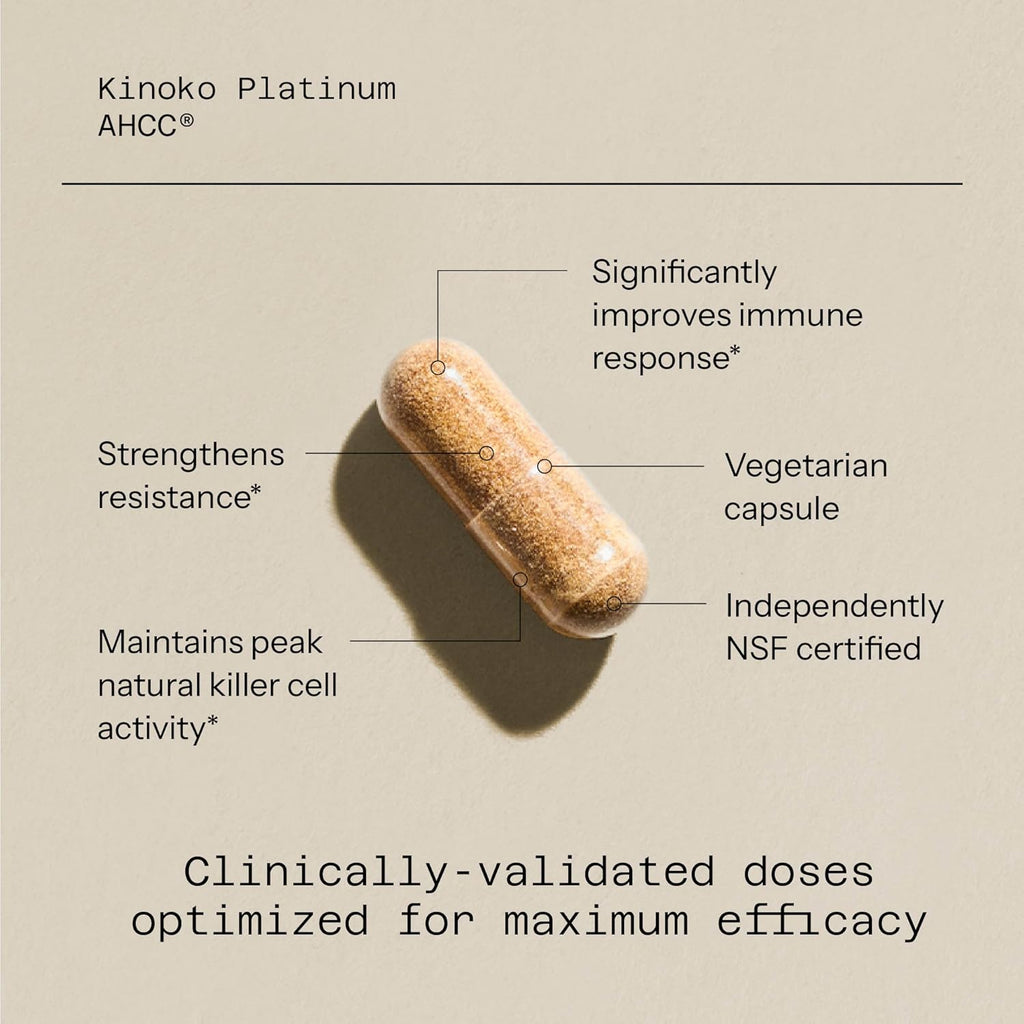 Quality of Life Premium Kinoko Platinum AHCC Herbal Supplement, 750mg per Capsule, for Immune Support, Liver Function, Maintains Natural Killer Cell Activity, Pack of 1, 60 Veggie Capsules Glass bottles
