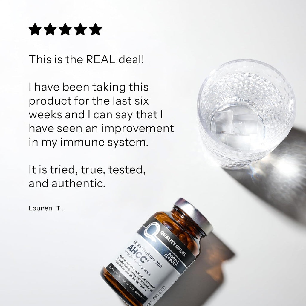 Quality of Life Premium Kinoko Platinum AHCC Herbal Supplement, 750mg per Capsule, for Immune Support, Liver Function, Maintains Natural Killer Cell Activity, Pack of 1, 60 Veggie Capsules Glass bottles