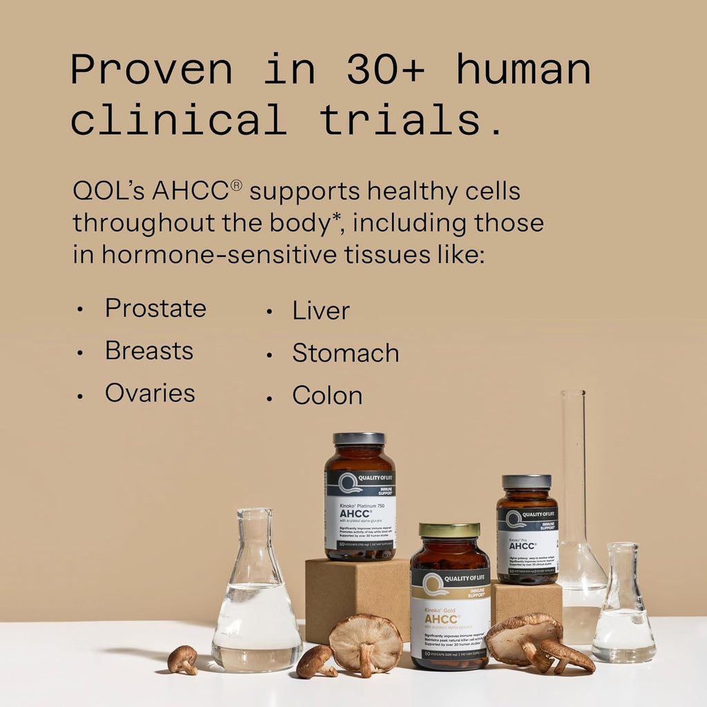 Quality of Life Premium Kinoko Platinum AHCC Herbal Supplement, 750mg per Capsule, for Immune Support, Liver Function, Maintains Natural Killer Cell Activity, Pack of 1, 60 Veggie Capsules Glass bottles