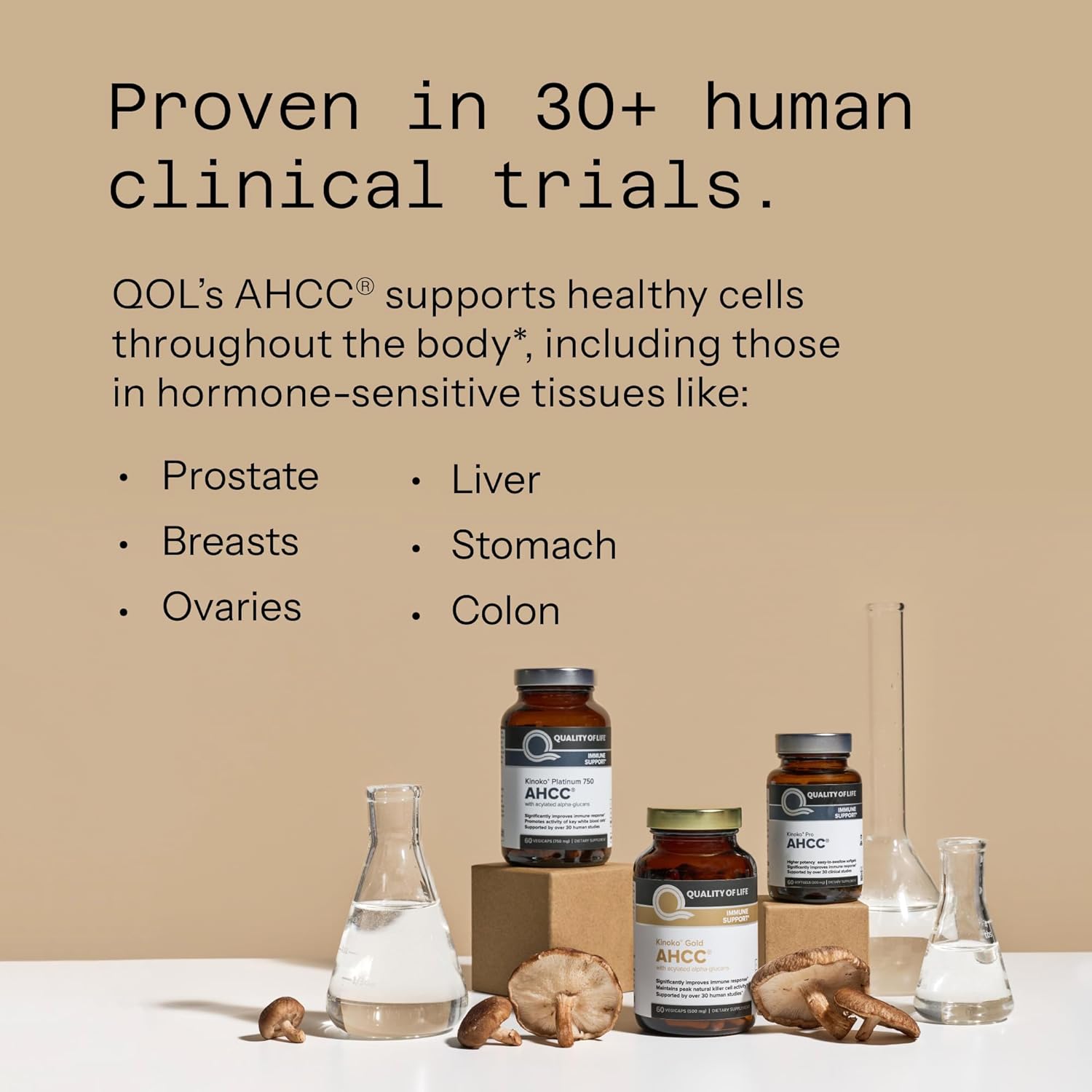 Quality of Life Premium Kinoko Platinum AHCC Herbal Supplement, 750mg per Capsule, for Immune Support, Liver Function, Maintains Natural Killer Cell Activity, Pack of 1, 60 Veggie Capsules Glass bottles