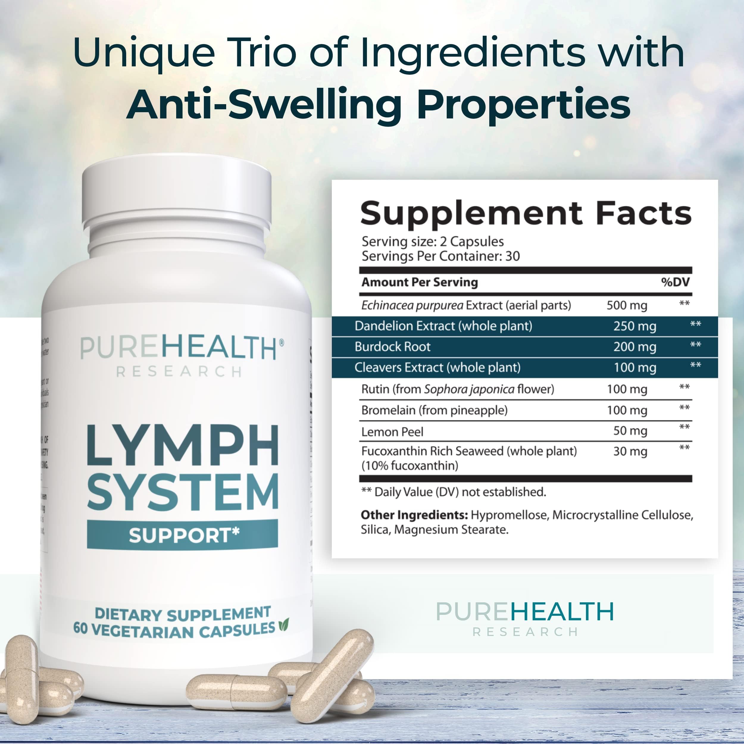 PUREHEALTH RESEARCH Lymph System Support Supplement - Lymphatic Drainage Supplement with Dandelion Extract, Cleavers, Burdock Powder - Reduce Swelling and Cleanse Lymph - 1 Bottle, Brown
