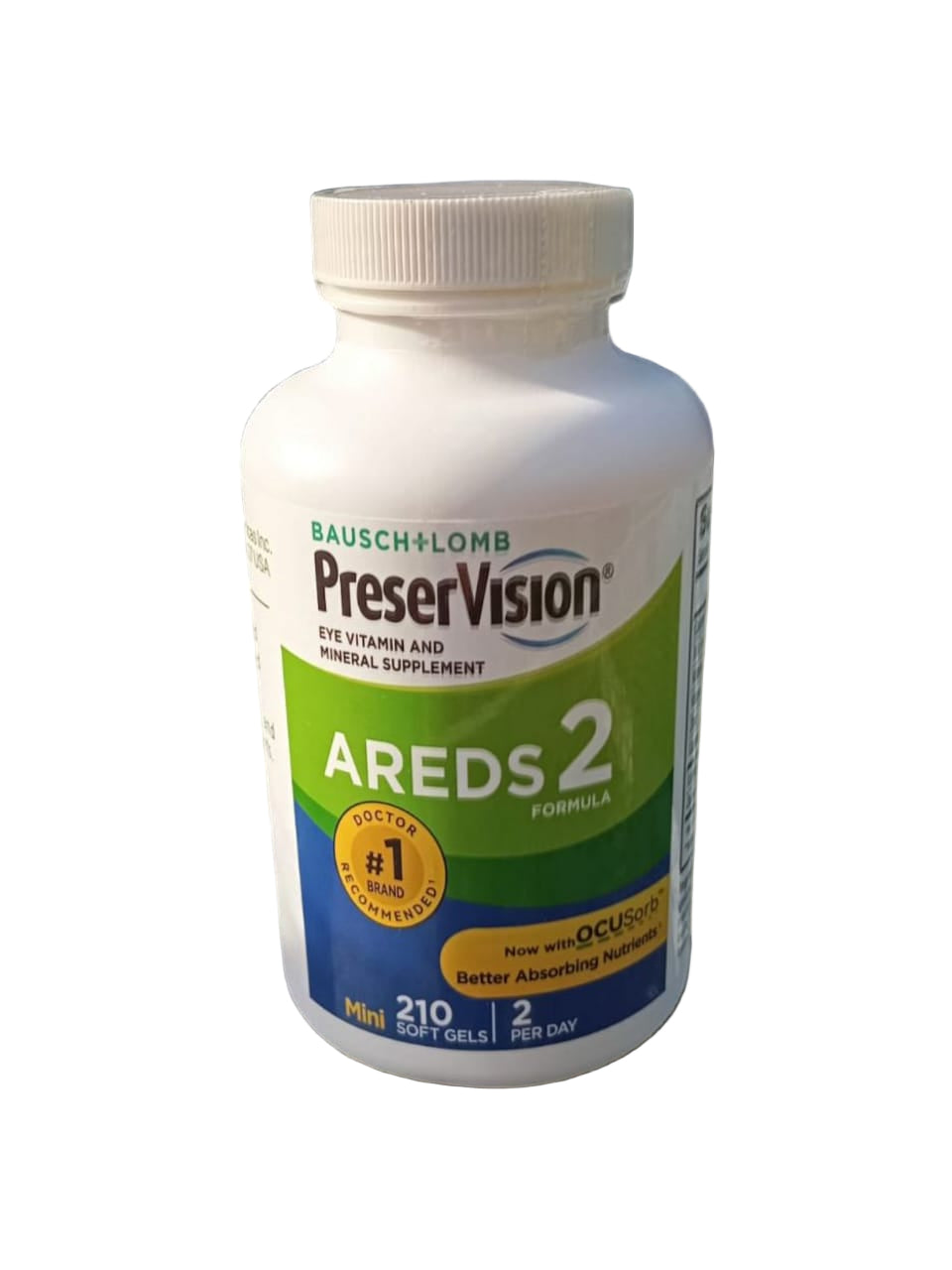 Bottle of Preservision AREDS 2 supplement on a white background