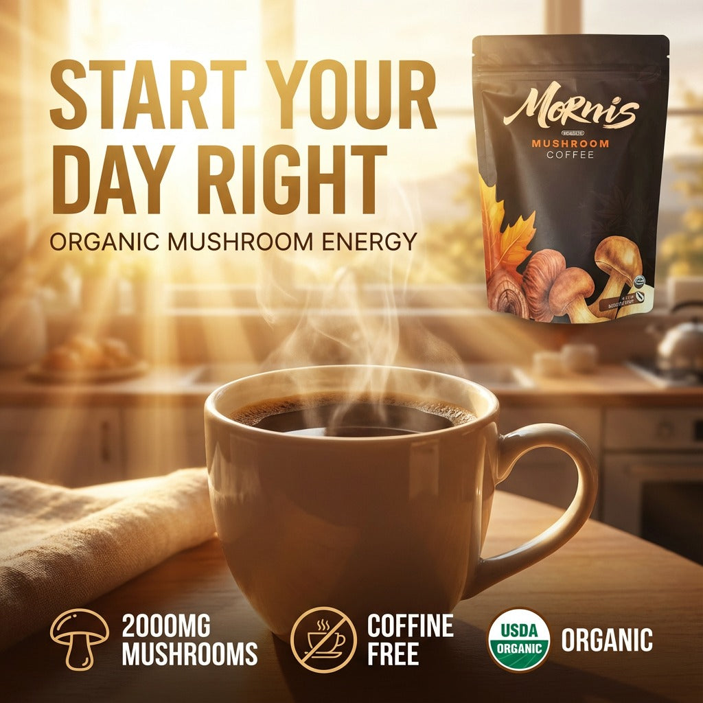 Mornis mushroom coffee package with a steaming cup of coffee in a kitchen setting